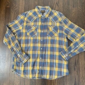 True Religion Western Shirt Mens XXL Blue Yellow Plaid Pearl Snap Rodeo
